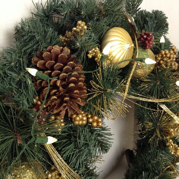 Christmas Wreath PreLit Green/Gold Pine Cones Balls Glamour Front Door Wall 23" - Picture 6 of 12